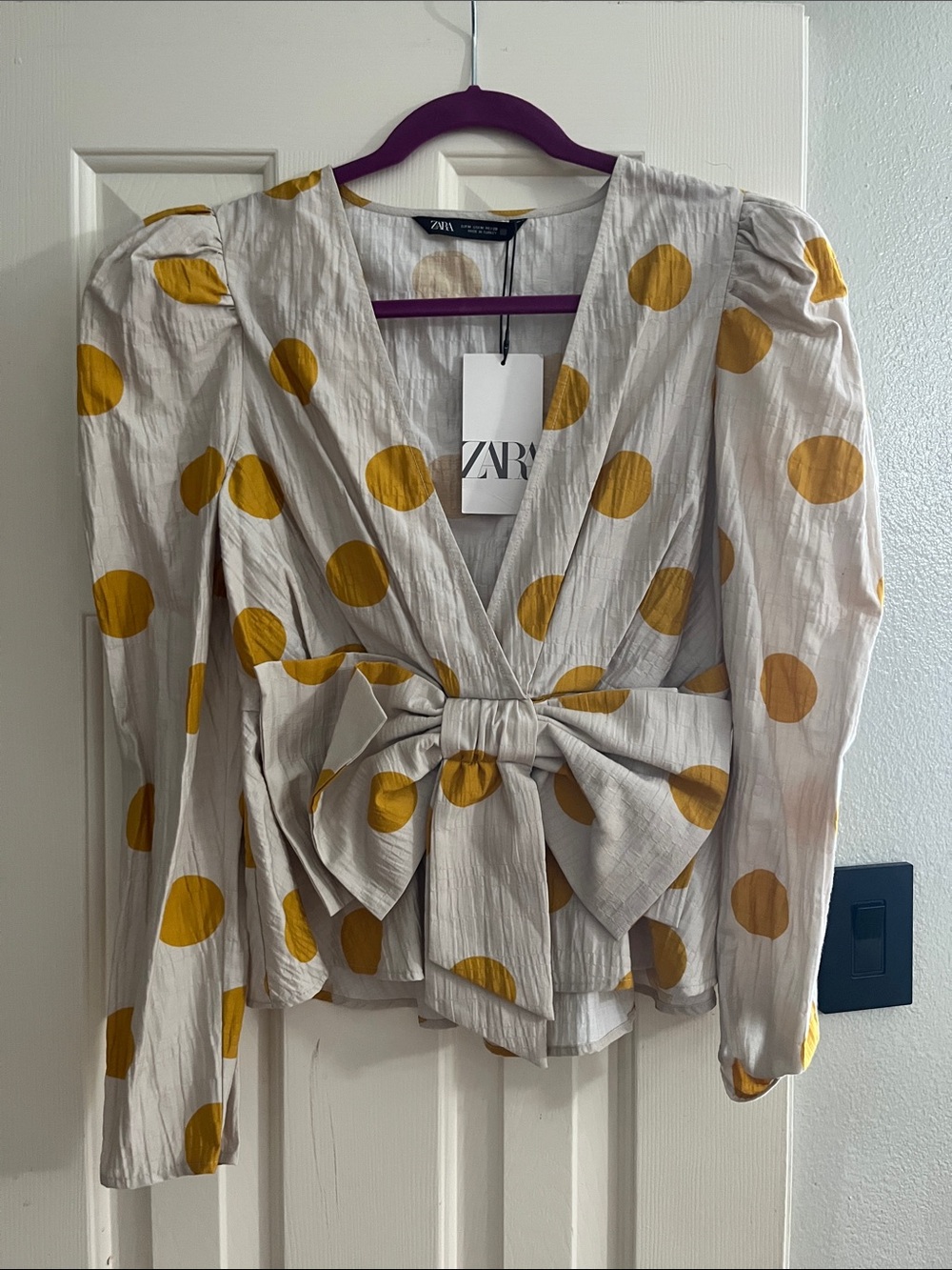Zara | Cream Blouse with Mustard | Polka Dots and Front Bow | M